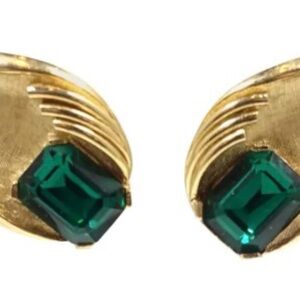 Vintage Trifari Green Glass and Goldtone Clip On Earrings